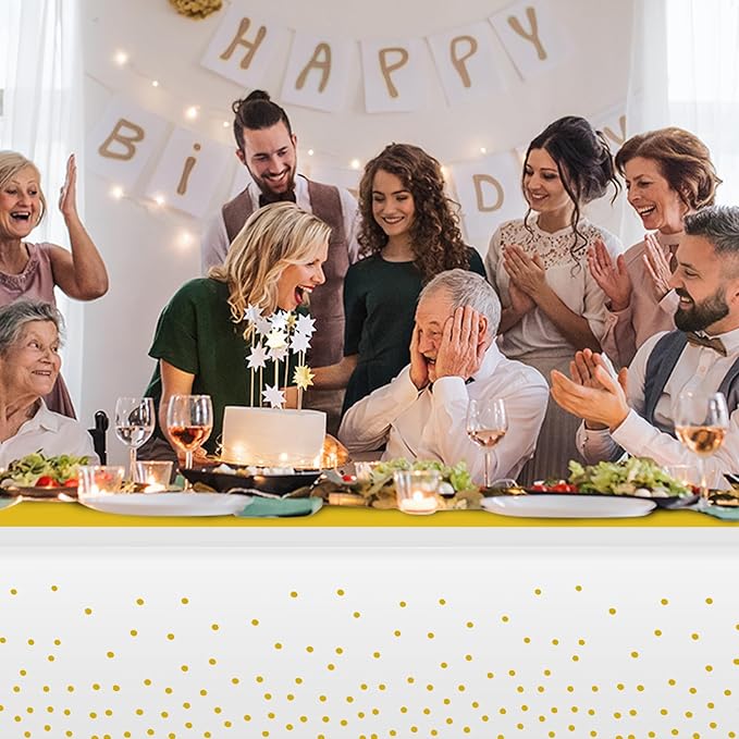 3Pcs White and Gold Tablecloth Party Decorations,Plastic White Table Cloth Printed Gold Table Runner Disposable Rectangle Table Cover for Birthday Wedding Anniversary Graduation Party,54 x108 Inch