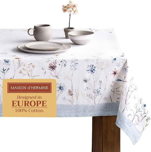 Maison d' Hermine Table Cloth Square Table 100% Cotton 60 x 60 Inches Fall Tablecloth Reusable Everyday Use for Thanksgiving Christmas Decorations Dining Farmhouse Party (Ice Florals)