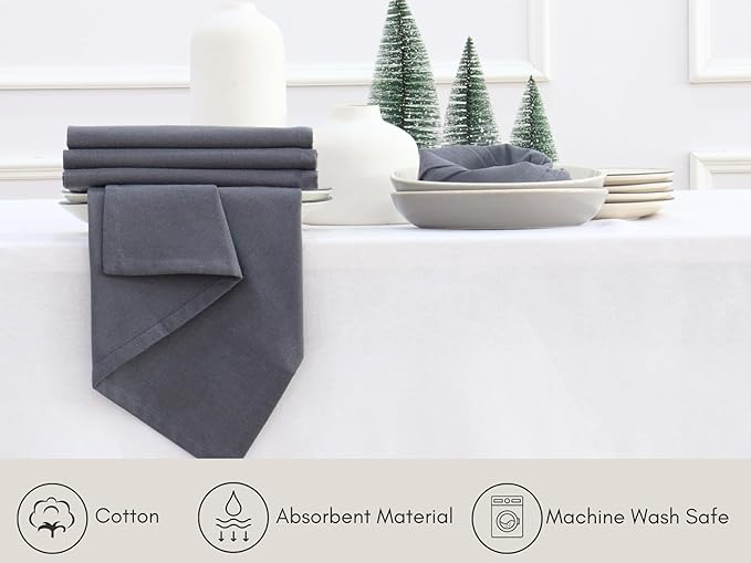 PurpleEssences Set of 12 Cloth Dinner Napkins 100% Cotton 18x18 Inch - Soft Durable Washable - Ideal for Farmhouse Party Christmas Holiday Winter - Perfect Everyday Use Table Linen - Dark Gray