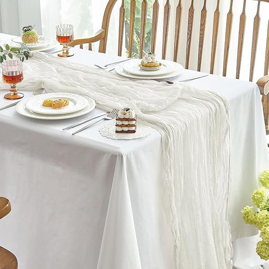 IVAPUPU 1 Pcs Cheesecloth Table Runner - 10ft Ivory White Boho Gauze Cheese Cloth Table Runners for Baby Shower Decoration Wedding Party Summer Garden Farmhouse