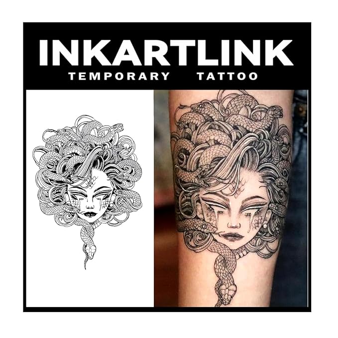 INKARTLINK Tattoo Tech, 2 Sheets Extra-Large Semi Permanent Tattoo, Adult Art Design Temporary Tattoos, Lasts 1-2 Weeks, Waterproof, Realistic Look, No Adhesive, No Reflection (Medusa Design)