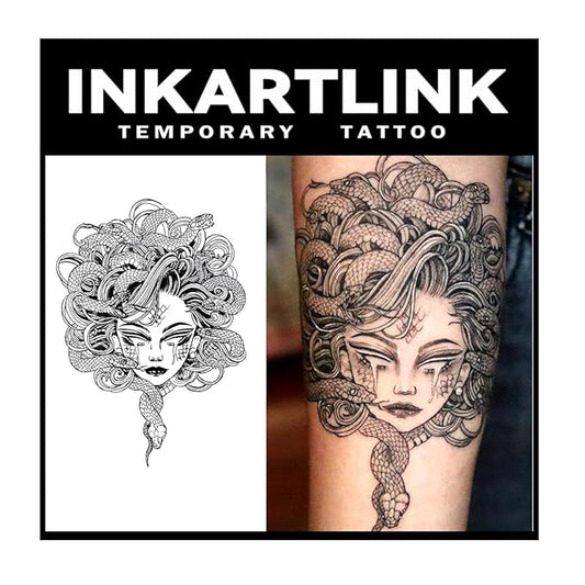 INKARTLINK Tattoo Tech, 2 Sheets Extra-Large Semi Permanent Tattoo, Adult Art Design Temporary Tattoos, Lasts 1-2 Weeks, Waterproof, Realistic Look, No Adhesive, No Reflection (Medusa Design)