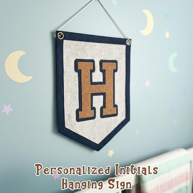 Personalized Initials Hanging Sign, Custom Alphabet Felt Wall Banner for Nursery & Kids Room Decor, Vintage Customized Initial Nursery Felt Flag for Baby Shower Birthday Party Gift