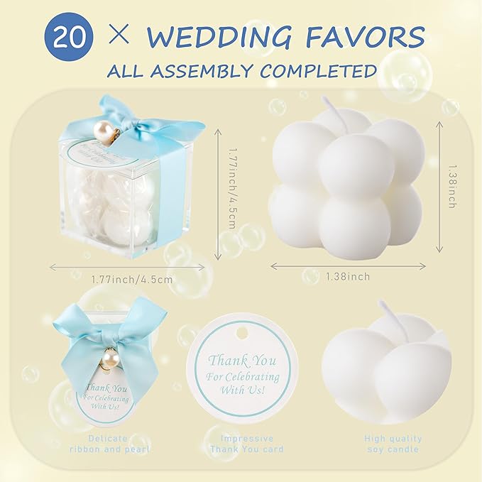 20 Pcs Small Bubble Candles Elegant Party Favors Bulk Set with Decorative Ribbons Thank You Cards for Bridal Shower Guest Gifts (20, Blue)