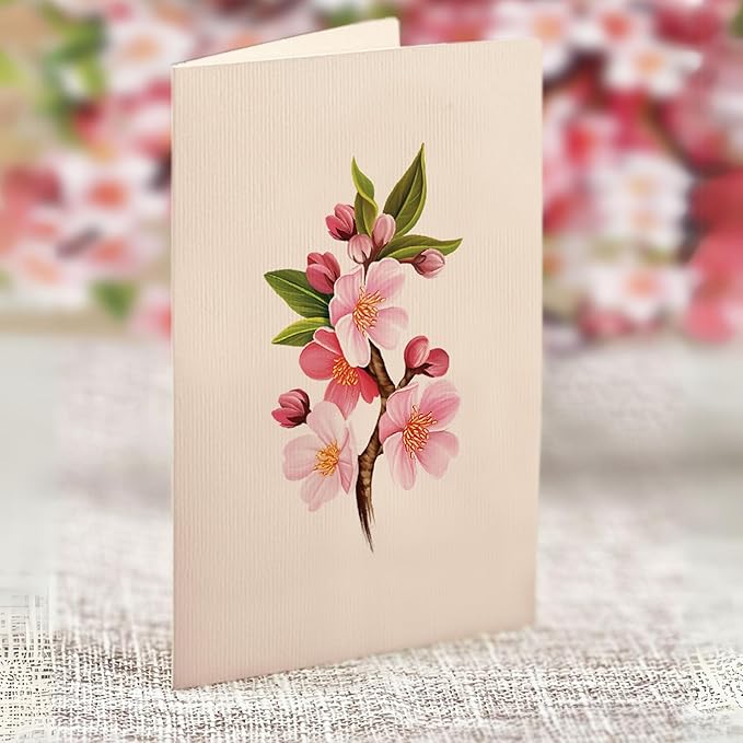 Freshcut Paper Pop Up Cards, Mini Cherry Blossoms, 6 Inch Mini Sized Forever Flower Bouquet 3D Popup Greeting Cards, Birthday Cards, Valentine's Day Card, Blank Notecard & Envelope