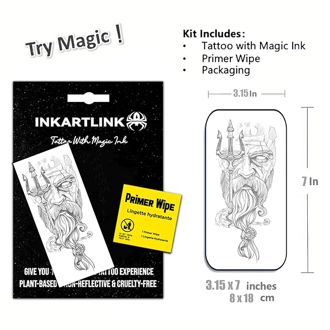 INKARTLINK Semi Permanent Tattoo, Temporary Tattoo, Beautiful and Realistic Design, Fun Tattoo Experience, Cruelty-free, Non-reflective, Waterproof (Poseidon)