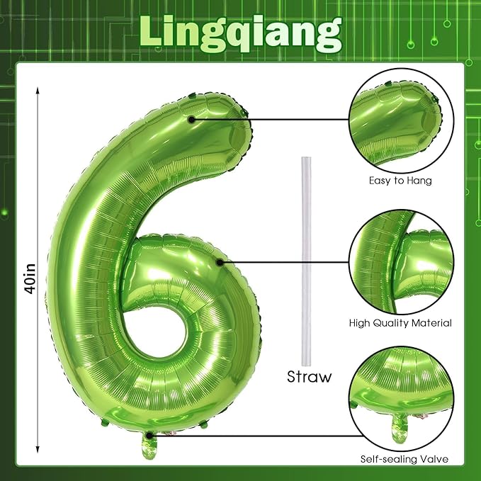 Green Number Balloons, 40inch Large Number 6 Foil Mylar Helium Balloons for Girls Women, Self Inflating Number Balloons 0-9 for Men Boys 6th 16th 60th Birthday Anniversary Party Celebration Decoration