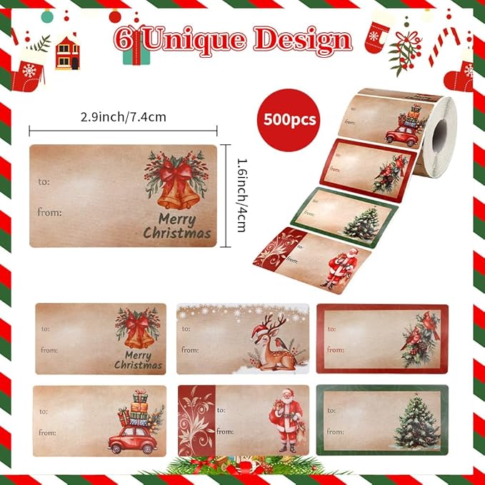 500 PCS Christmas Gift Tags Stickers, Gift Tags for Christmas Presents Name Tag Stickers, Wrapping Paper for Gifts Vintage Sticker Self-Adhesive Name Tag Xmas Decorations