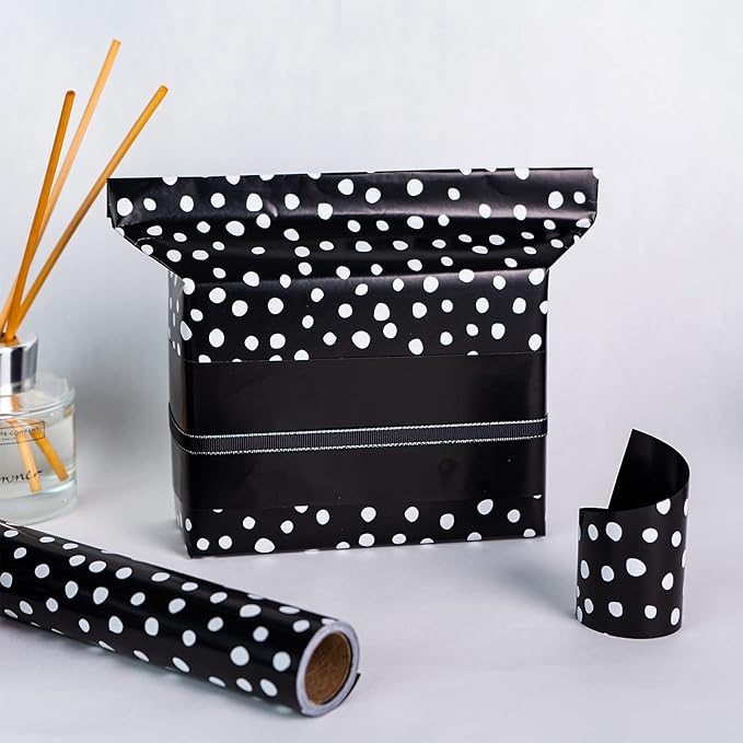 WRAPAHOLIC Reversible Wrapping Paper - Mini Roll - 17 Inch X 33 Feet - Black and Delicate Polka Dots Design for Birthday, Holiday, Wedding, Baby Shower