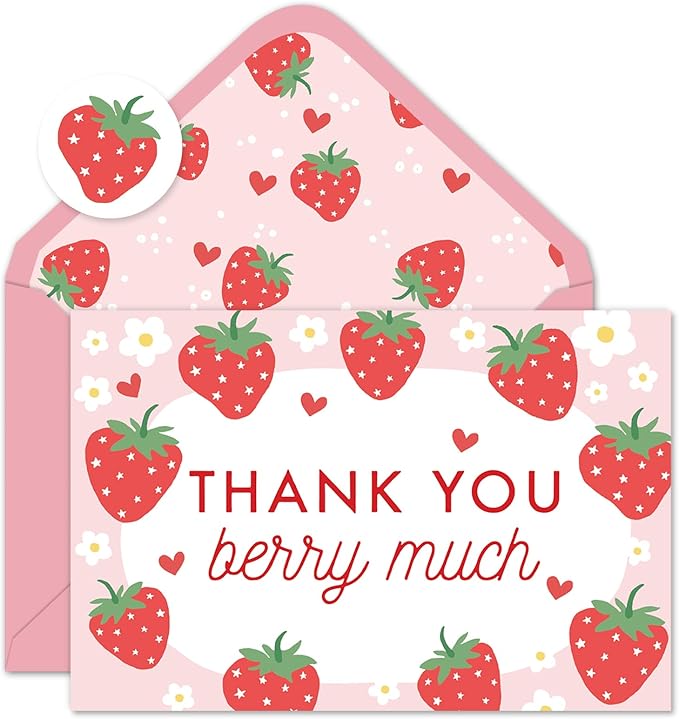 Whaline 50 Packs Strawberry Thank You Cards Red Pink Strawberry Flower Greeting Cards Blank Note Card Boxed with Envelopes and Stickers for Birthday Baby Shower, 4 x 6 Inch