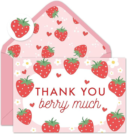 Whaline 50 Packs Strawberry Thank You Cards Red Pink Strawberry Flower Greeting Cards Blank Note Card Boxed with Envelopes and Stickers for Birthday Baby Shower, 4 x 6 Inch