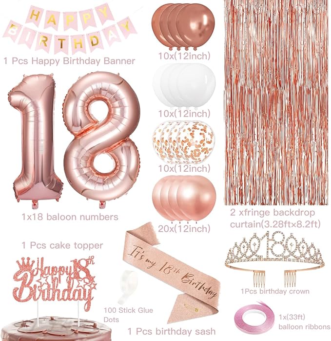 18th Birthday Decorations for Girls, Rose Gold 18th Birthday Party Set with Crown, Sash, Cake Topper, Balloons, Banner, Fringe Curtains - Perfect 18th Birthday Party Supplies