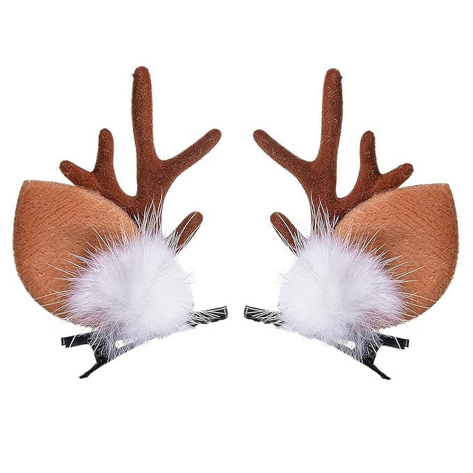 Christmas Reindeer Antlers Headband Hair Clips Brown Deer Ears with Elk Design Deer Antlers Decor Christmas Party Holiday Deer Ears Costume Headband Hairpin for Women Girls Hair Accessories