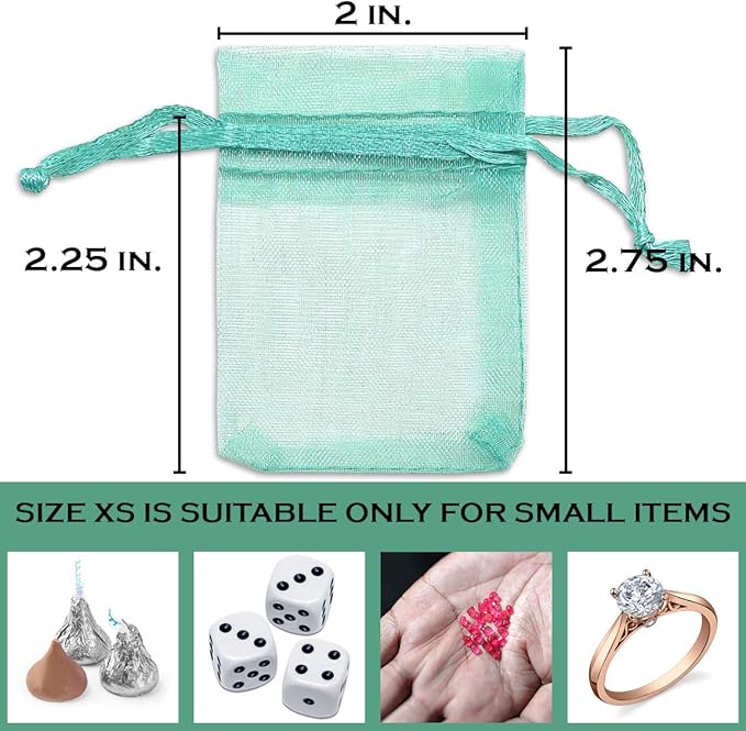 TheDisplayGuys 100-Pack XS XS 2x2 3/4" Teal Sheer Organza Gift Bags with Drawstring, Jewelry Candy Treat Wedding Party Favors Mesh Pouch