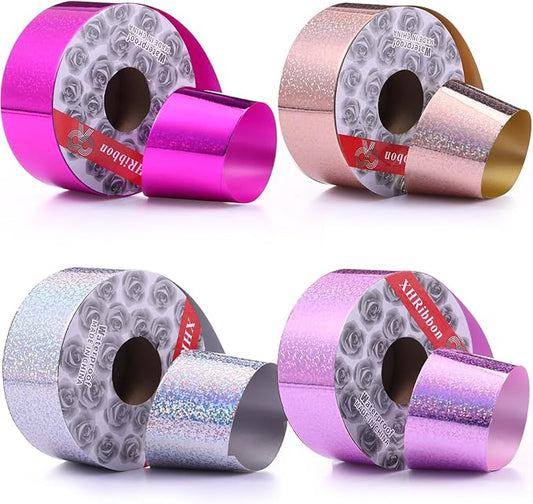 4 Rolls Wrapping Shiny Waterproof Ribbon for Christmas, 50 Yards Curling Plastic Ribbon for Gifts Package Wrapping, Bows, Festival Craft Party Decor(Purple, Pink, Rose Gold, Silver,2 Inch)