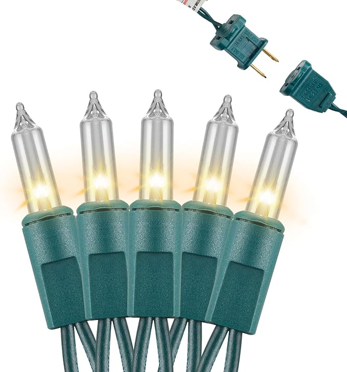 Christmas Tree Lights, 200 Count (2×100) Incandescent, 53ft Green Wire – UL Listed Waterproof Outdoor Connectable Warm White Lights with Spare Bulbs & Fuses, for Yard & Home Décor