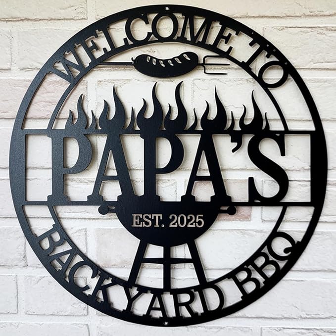 Custom BBQ Grill Metal Sign - Personalized Backyard Bar Name Sign - Outdoor Kitchen Wall Art - Unique Housewarming Gift for Dad, Grandpa, Husband, Pop