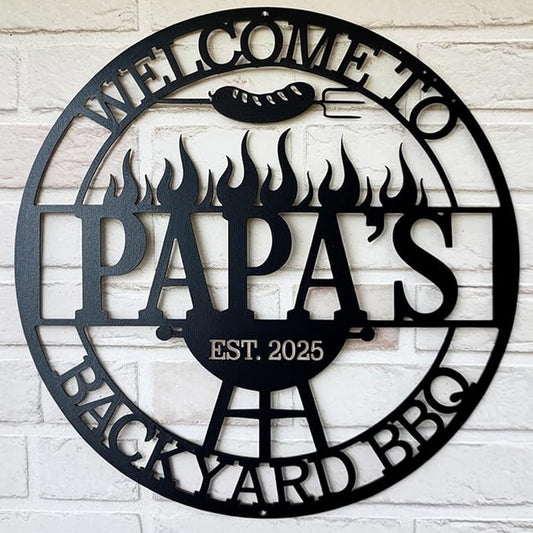 Custom BBQ Grill Metal Sign - Personalized Backyard Bar Name Sign - Outdoor Kitchen Wall Art - Unique Housewarming Gift for Dad, Grandpa, Husband, Pop