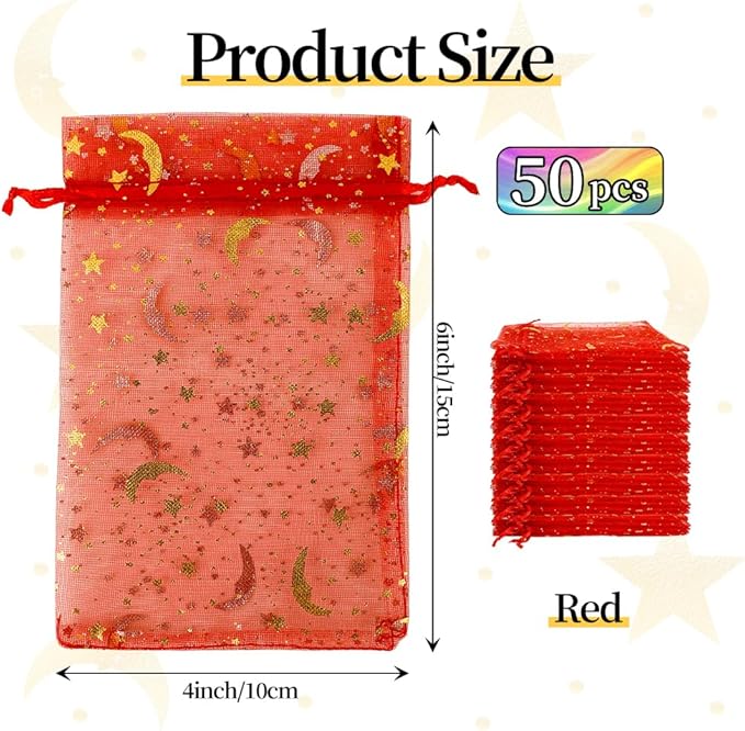 Moon Star Organza Bags 4x6 Small Mesh Bag Drawstring 50 Pcs Mesh Gift Bags Drawstring Pouch Wedding Favor Bags Jewelry Pouches Bulk Gift Pouch for Candy Soaps Birthday Festival Party Supplies, Red