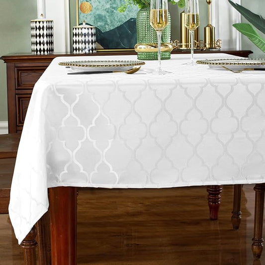 SASTYBALE Rectangular Tablecloth Damask Fabric Table Cloths Water Resistant & Wrinkle Free Spill-Proof Durable Polyester Table Cover for Kitchen Dining Tabletop (Square, 52" x 52" (2-4 Seats), White)
