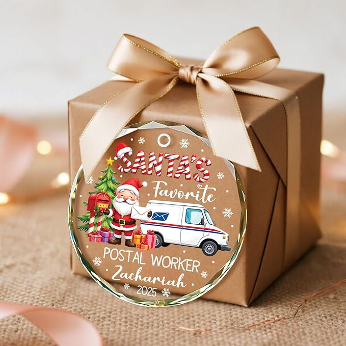 Santa's Favorite Postal Worker Christmas Glass Ornament 2025, Gifts for Mail Carrier Service, Custom Name & Year for Xmas Tree Decor, Personalized Merry Christmas Postal Worker Ornament Gift Ideas