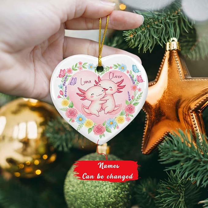 Personalized Axolotl Couple 1St Xmas Ornament, Funny Couple Ornament Gift for Mr Mrs Husband Wife, Married Couples Christmas Tree Decoration, Custom Names Sea Axolotl Ceramic Ornaments Xmas
