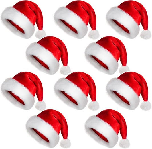 JUANANIUG Christmas Hat, Santa Hat, 10Pcs Xmas Holiday Hat for Unisex Adults, Extra Thicken Classic Fur for Christmas New Year Festive Holiday Party Supplies