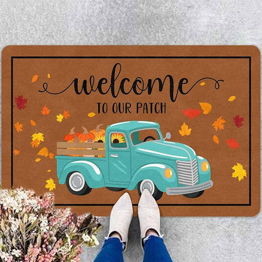 InterestPrint Thanksgiving Doormat Fall Truck Door Mat, Vintage Fall Truck Decor for Covered Outdoor Area Pumpkin Welcome Mat for Autumn Halloween Thanksgiving Farmhouse Decor, 24"x16"inch