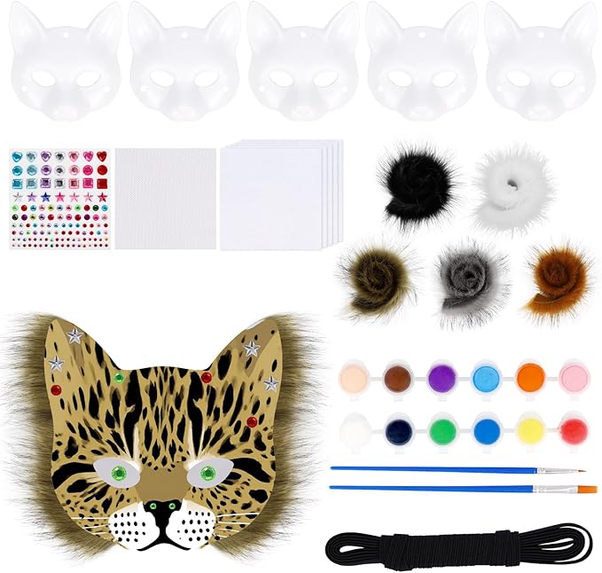 DIY Cat Fox Mask Set with Eye Meshes Stickers Faux Fur Fabric Strips for Halloween Masquerade Cosplay Party