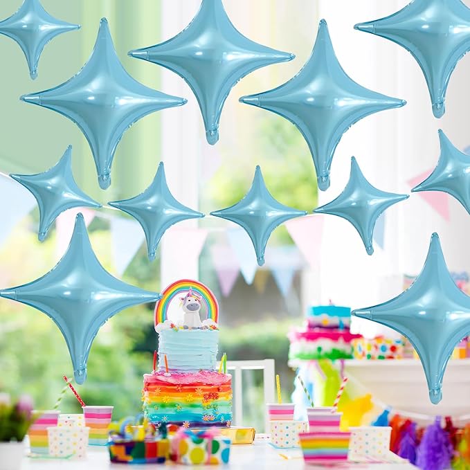 Blue Star Balloons,12Pcs Four Angle Star Foil Balloons,26Inch and 10Inch Light Blue Quadrangle Helium Balloon for Birthday Anniversary Baby Shower Wedding Party Decorations