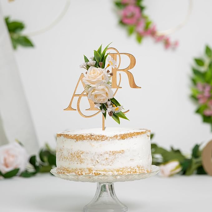 Wedding Cake Topper with 3D Artificial Flowers and Green Leaves Custom Initials Personalized Wooden Anniversary Cake Decoration (Oak Finish)