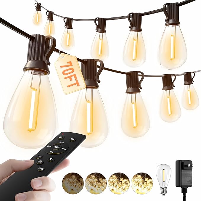 luckystyle 70FT LED Outdoor String Lights with Remote, 24+1 Shatterproof Bulbs Waterproof and Dimmable Patio Lights for Porch, Garden, Backyard, Deck, Balcony, 2200K Hanging Lighting