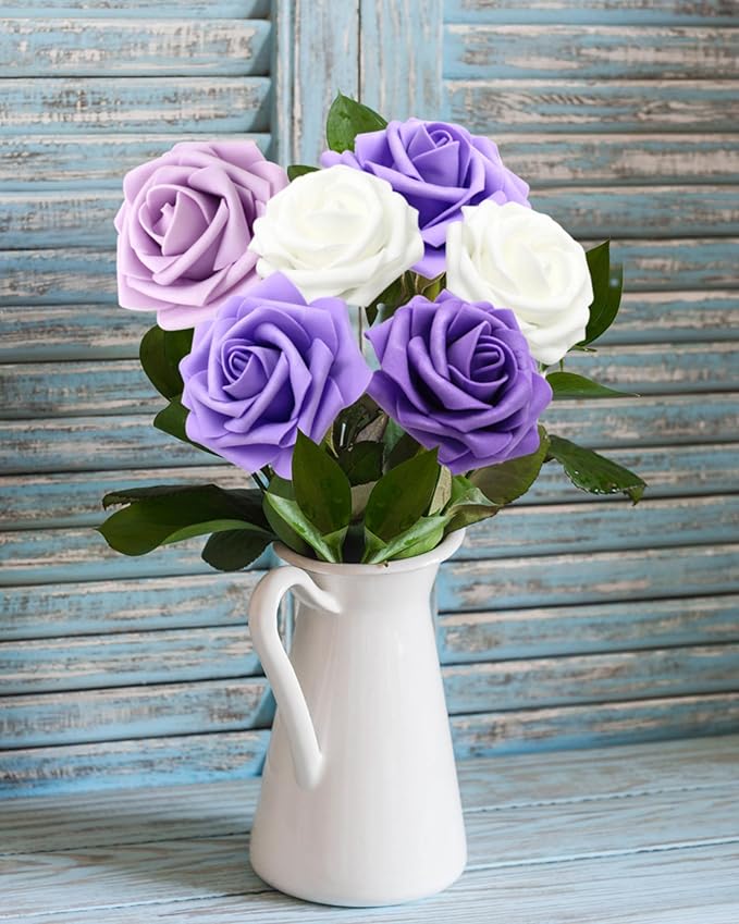 Artificial Flowers Realistic Roses, Real Looking Fake Roses with Stem for DIY Wedding Bouquets Centerpieces Bridal Shower Party Home Romantic Decorations (Shades of Purple, Regular 3" - 200pcs)