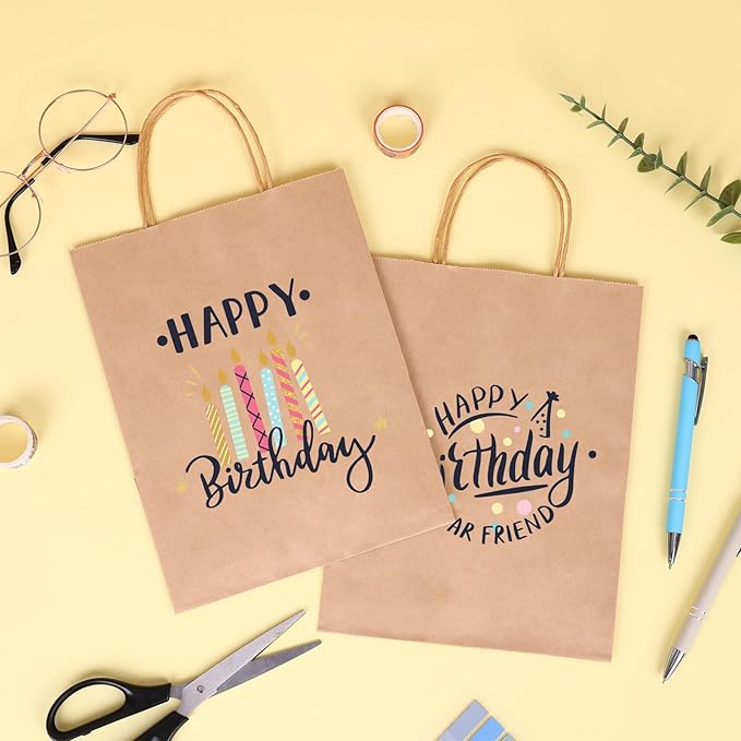 OUTUXED 120pcs Gift Bags, Brown Paper Bag with Handles 7.1x3.6x9.3in Medium Size, Kraft Paper Bags for Party, Businesses,Shopping