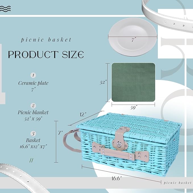 YPshuye Picnic Basket Set for 4 with Waterproof Blanket Mat Insulation Bag Wicker Blue Green Light Hawaiian Tropical Style Gift for Wedding Birthday Summer Camp Outdoor Camping Beach Travel Christmas