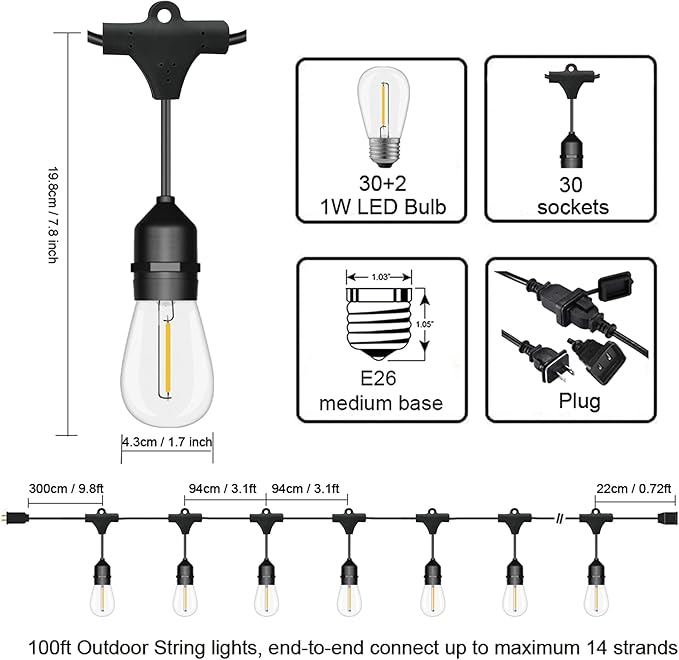 Outdoor String Lights LED 100FT Commercial Grade Heavy Duty Light String Lights with 30 Sockets 32 Shatterproof Plastic Bulbs Include 2 Spare S14 Dimmable Edison Bulbs Patio Market Cafe Light