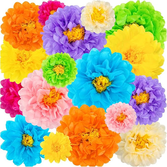 24 Pcs Mexican Paper Flowers, Fiesta Paper Flowers, Colorful Tissue Flower for Carnival, Party Backdrop, Wedding, Birthday Party, Craft Wall Decor, Baby Shower(8 Colors 6" 8" 10")