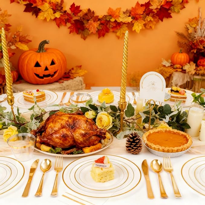 GATHER 350PCS Clear Gold Plastic Plates - Disposable Gold Dinnerware Sets Includes 100 Gold Rim Plastic Plates, 150 Silverware, 50 Napkins, 50 Cups for Party, Wedding & Birthday & Thanksgiving