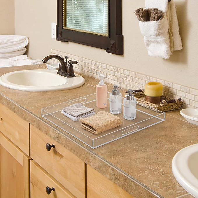 24×24 inches Oversized Clear Acrylic Ottoman Tray Extra Large Decorative Tray Spill-Proof Serving Trays with Handles King-Size Safe Edge Organizer for Coffee Table Countertop Breakfast