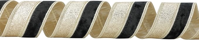 Black Velvet Wired Christmas Ribbon 2.5 Inch Black and Gold Glitter Holiday Ribbon – 10-Yards Roll for Tree Decorations, Gift Wrapping, Wreaths, and DIY Crafts