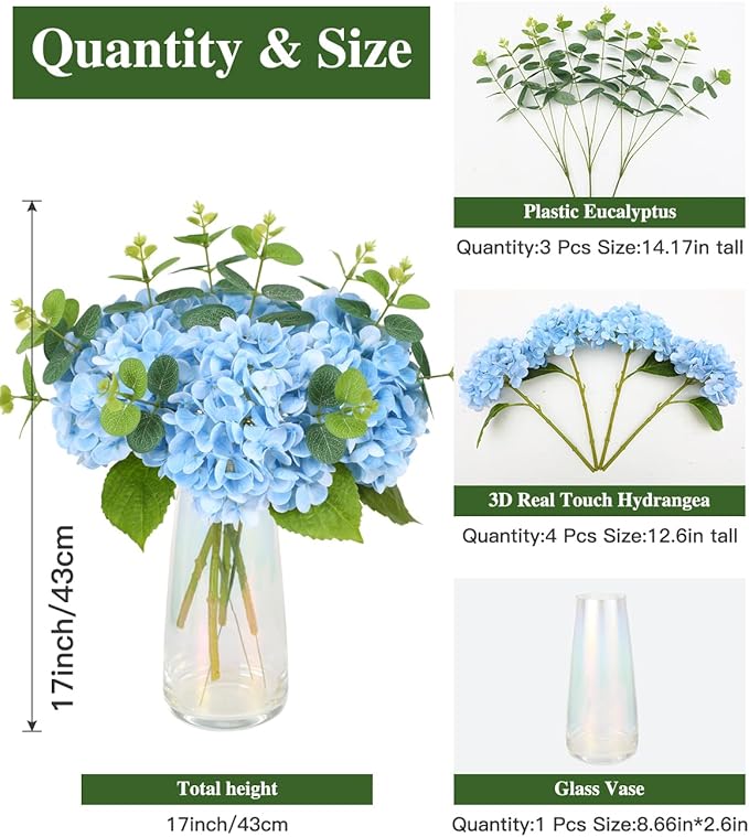 Tifuly 4pcs Fake Hydrangea with Vase - Real Touch Faux Hydrangea Flowers and 3pcs Eucalyptus Stems for Wedding Centerpiece Home Party Table Decoration（Blue）