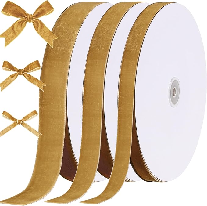 Yilloog 3/8'' 5/8'' 1'' 90 Yards Christmas Velvet Ribbon Vintage Satin Fabric Velvet Ribbon Roll for Christmas Tree Ornaments Decoration Gift Wrapping Bow DIY Crafts (Khaki)