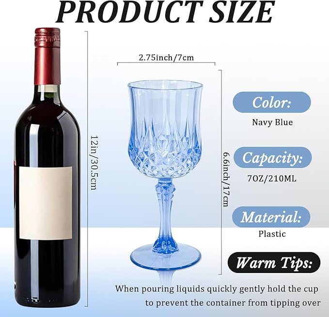 24 PCS Plastic Blue Wine Glasses 7oz Vintage Goblet,Reusable Drinkware Vintage, Plastic Blue Wine Glasses for Baby Shower Wedding Reception Grand Event Party，Royal blue
