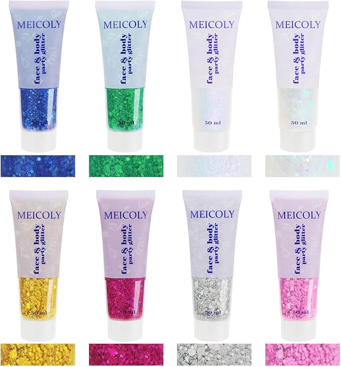 MEICOLY Clear White and Silver Body Glitter Set, Mermaid Face Glitter Gel, Singer Concerts Festival Rave Accessories, Chunky Sequins Glitter Paint for Women and Kids, Sparkling Makeup