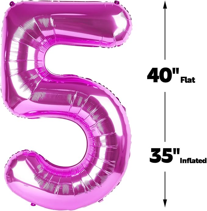 Large Rosy Purple 40 Inch Birthday Number 5 Balloon, Rosy Purple Five 5th 15 25 35 50 55 Birthday Anniversary Celebration Decorations, Foil Mylar Helium Numbers 5 Balloons Girl Boy Party Supplies