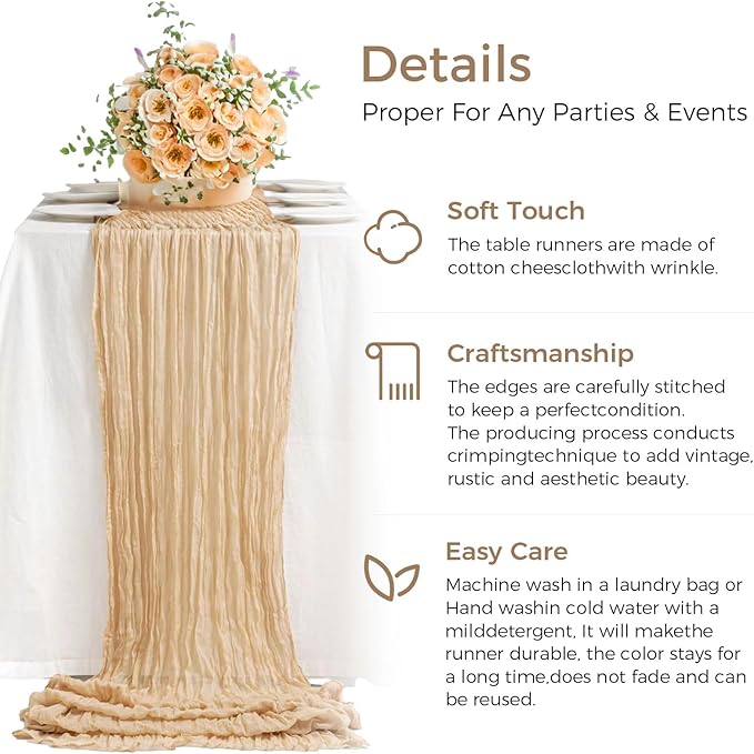 6 Pack Cheesecloth Table Runner 10Ft Boho Gauze Table Runner Cheese Cloth Long Rustic Sheer Table Runner for Wedding Bridal Baby Shower Birthday Party Cake Table Arbor Decorations (Beige)