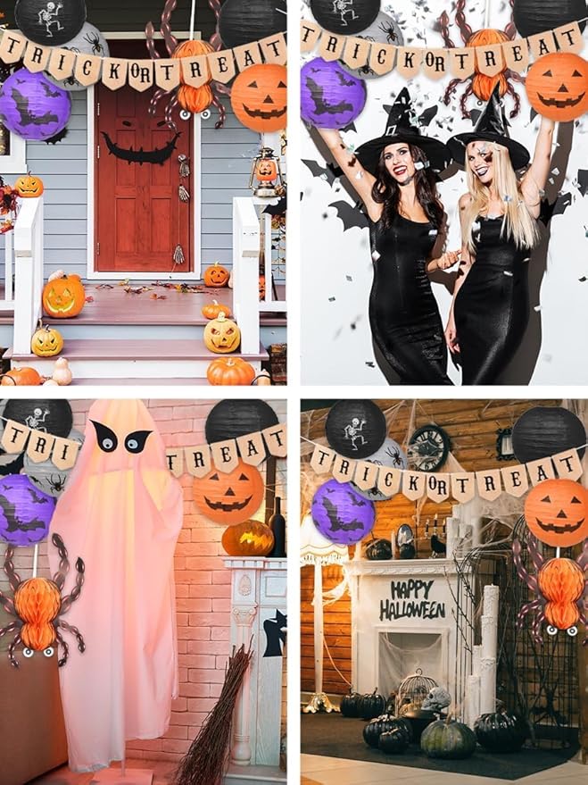 Mudra Crafts Hanging Spider Bat Skeleton Pumpkin Paper Lanterns Outdoor Indoor Jack-o’-Lantern Halloween Decorations Party Banner Set, Orange Black Purple 12-Inch Spooky Lamps