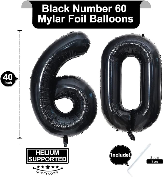 40 Inch Black 60 Number Balloons Giant Jumbo Huge 60 Foil Mylar Helium Number Digital Balloons Black Birthday Mylar Digital Balloons 60 Birthday Party 60th Anniversary Events Party Decorations