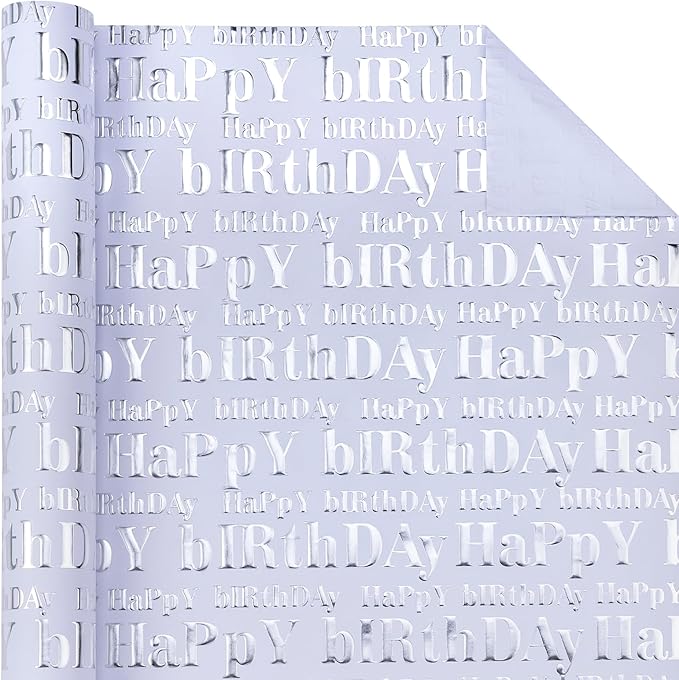 WRAPAHOLIC 3D Kraft Birthday Wrapping Paper Roll - Mini Roll - 17 Inch x 16.5 Feet - Silver and White Happy Birthday Lettering Design with Embossed Perfect for Holiday, Party Celebration