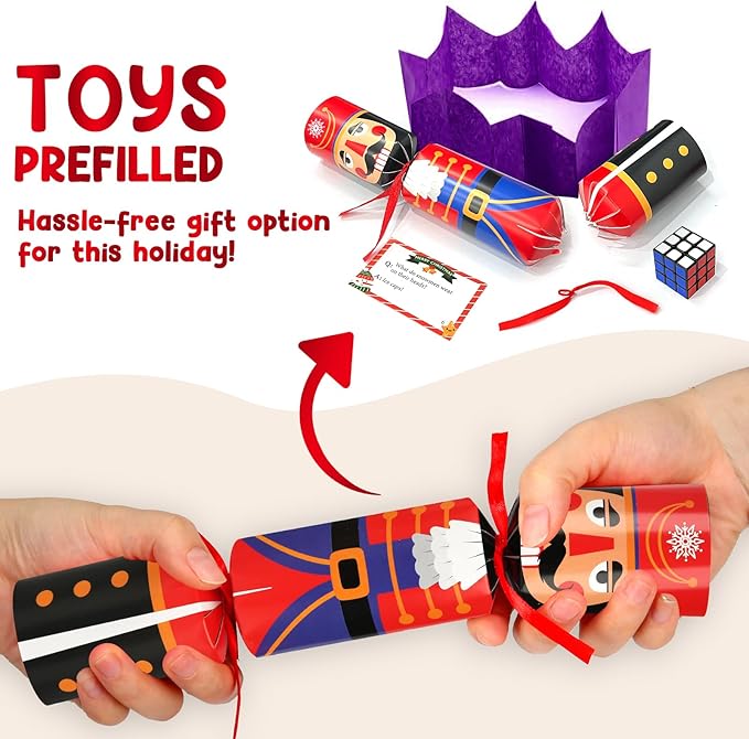 12 Pack Non-Snap Christmas Table Party Favors with Party Hats Joke Little Gifts for Kids Adults, Christmas Cute Nutcracker Characters Design, Xmas Seasonal Holiday Dinner Traditions Supplies